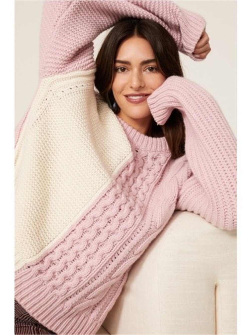 Stine Goya Blanci Patchwork Chunky Cable Knit Sweater Wool Blend, Size Large